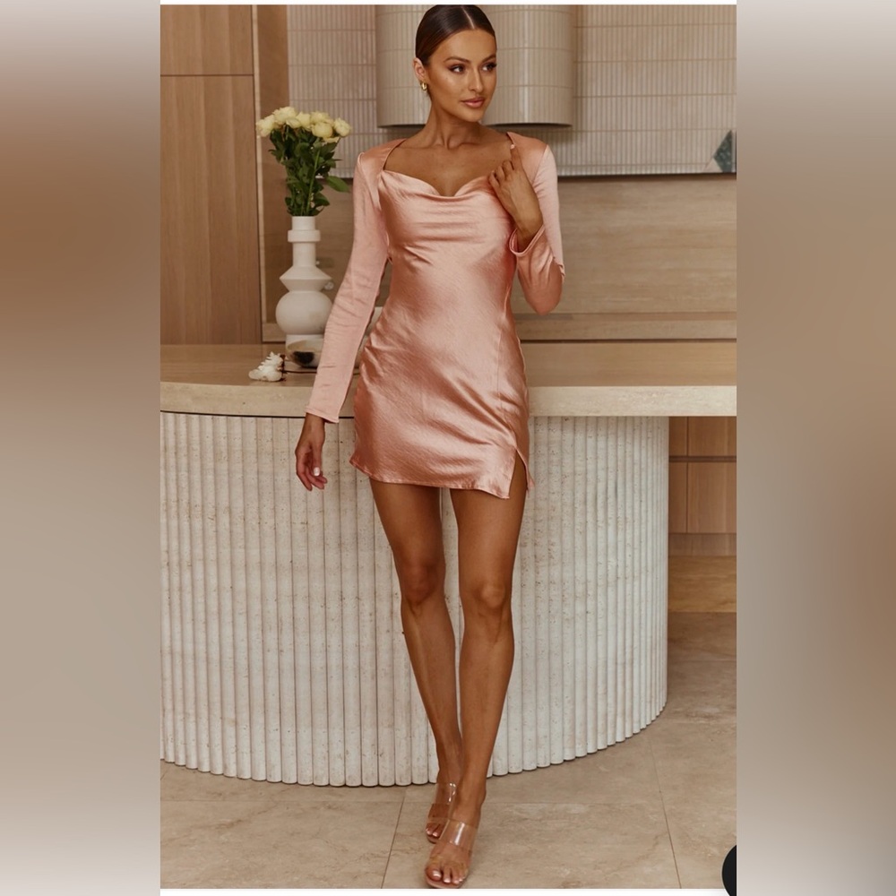 Selfie Leslie Elegant Peach/ blush pink Long Sleeve satin Dress